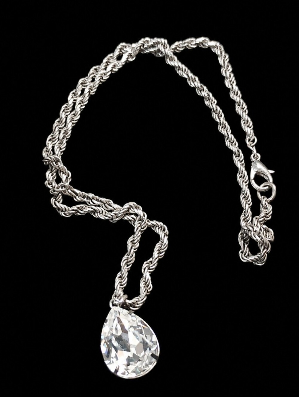 Vintage DANILO Mingardi Silver Tone Crystal Teardrop Pendant Necklace Rare 1990s